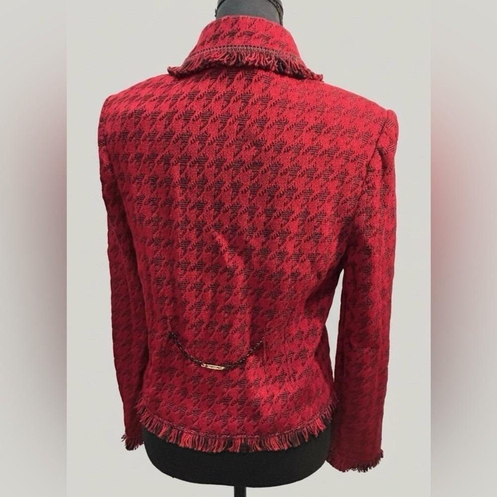 St John Collection Red Black Houndstooth Zip Jacket Blazer Old Money Elegant 4 - Picture 3 of 9